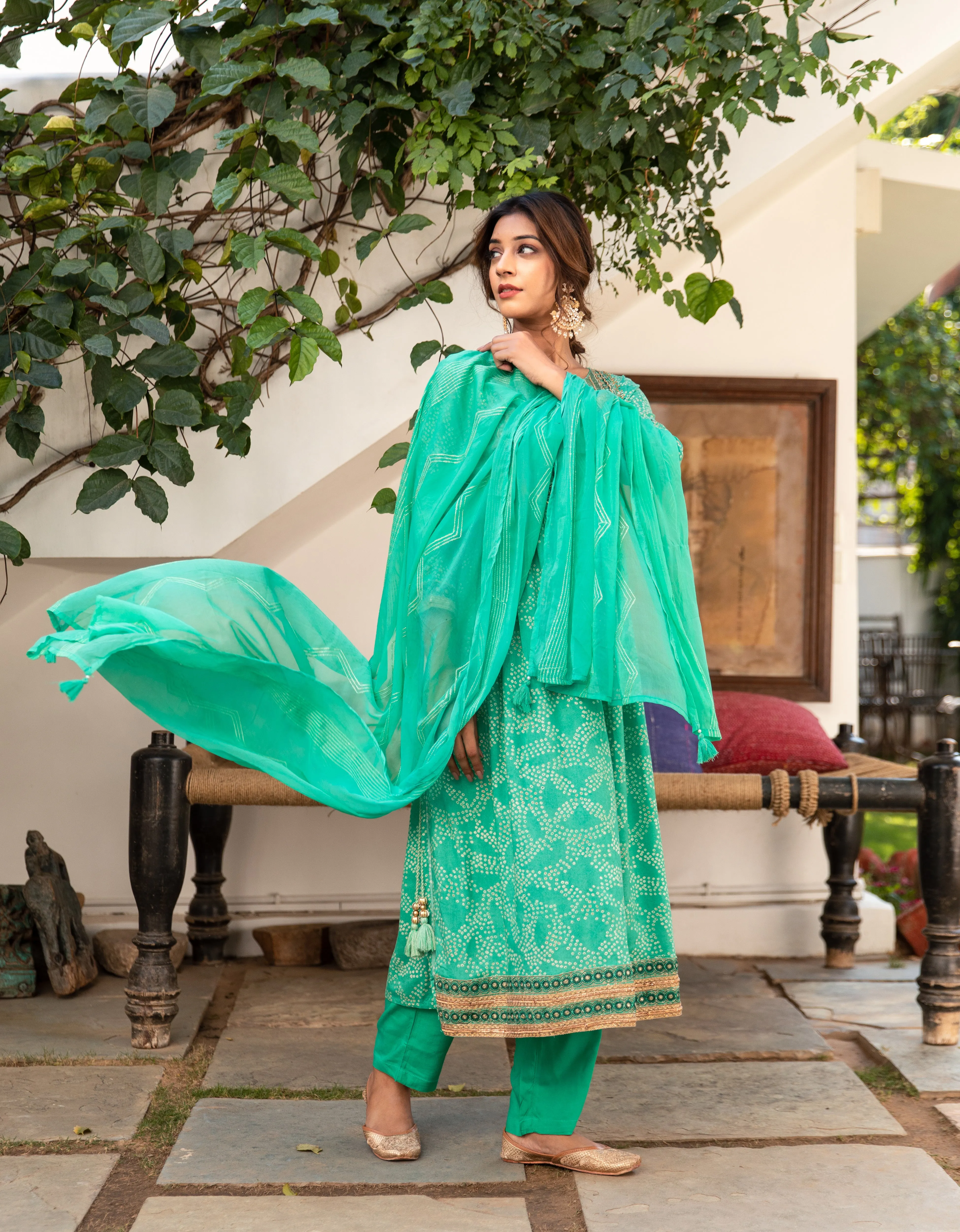 Women Green Rayon Nyara Cut A-Line Kurta Trouser & Dupatta Set