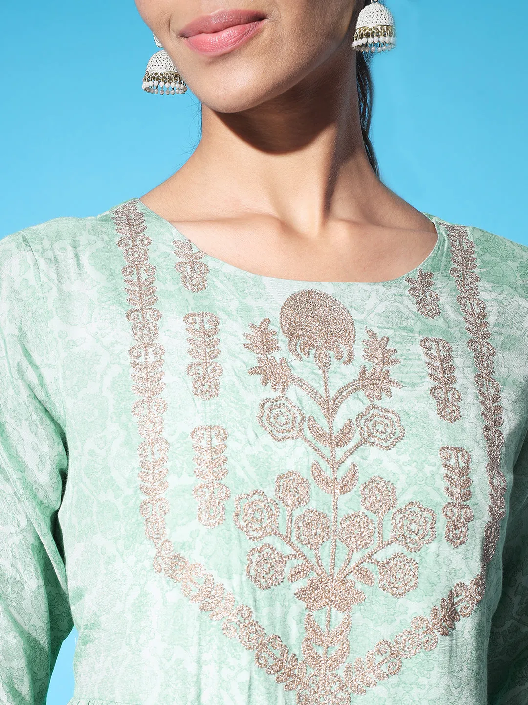 Women Mint Green Muslin Flared and Frill Gown