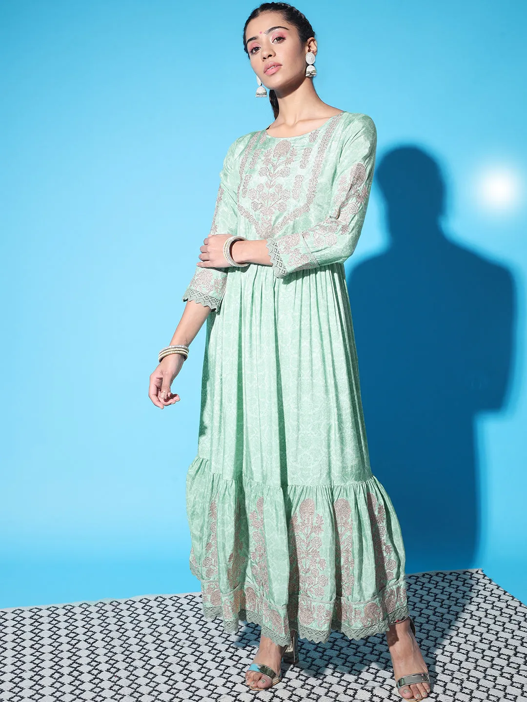Women Mint Green Muslin Flared and Frill Gown