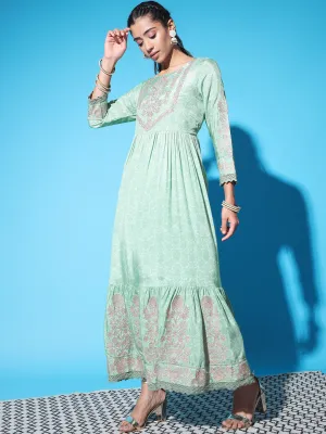 Women Mint Green Muslin Flared and Frill Gown