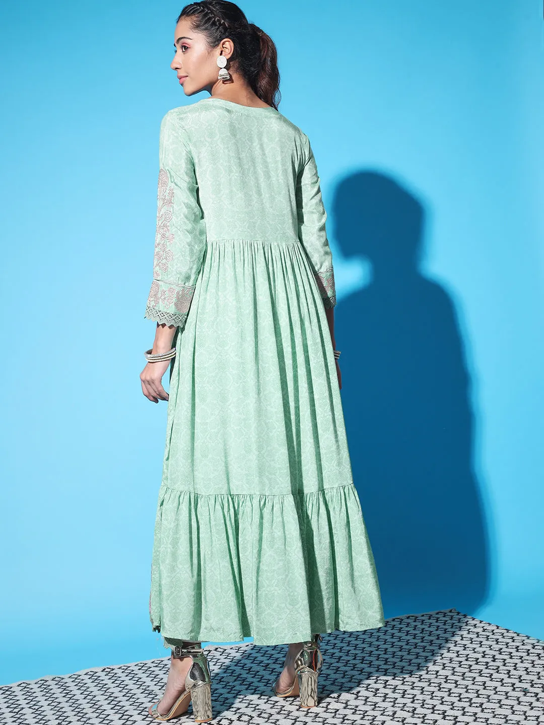 Women Mint Green Muslin Flared and Frill Gown