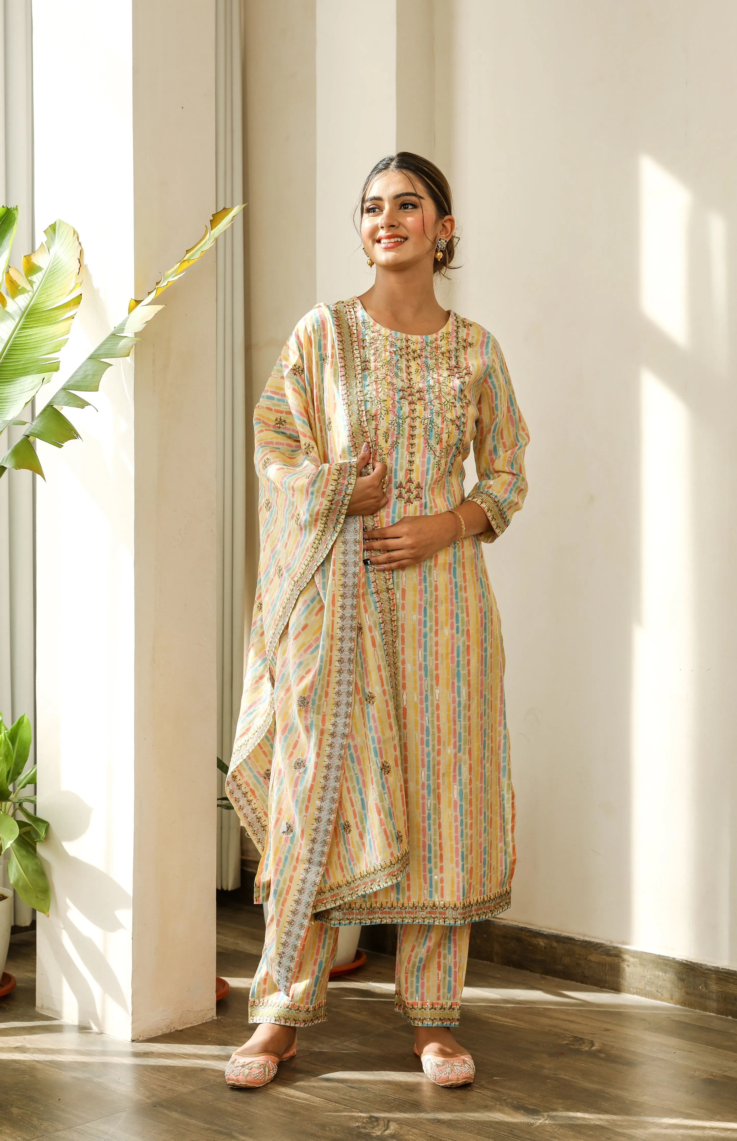 Women Multicolor Chanderi Straight Kurta Trouser and Dupatta