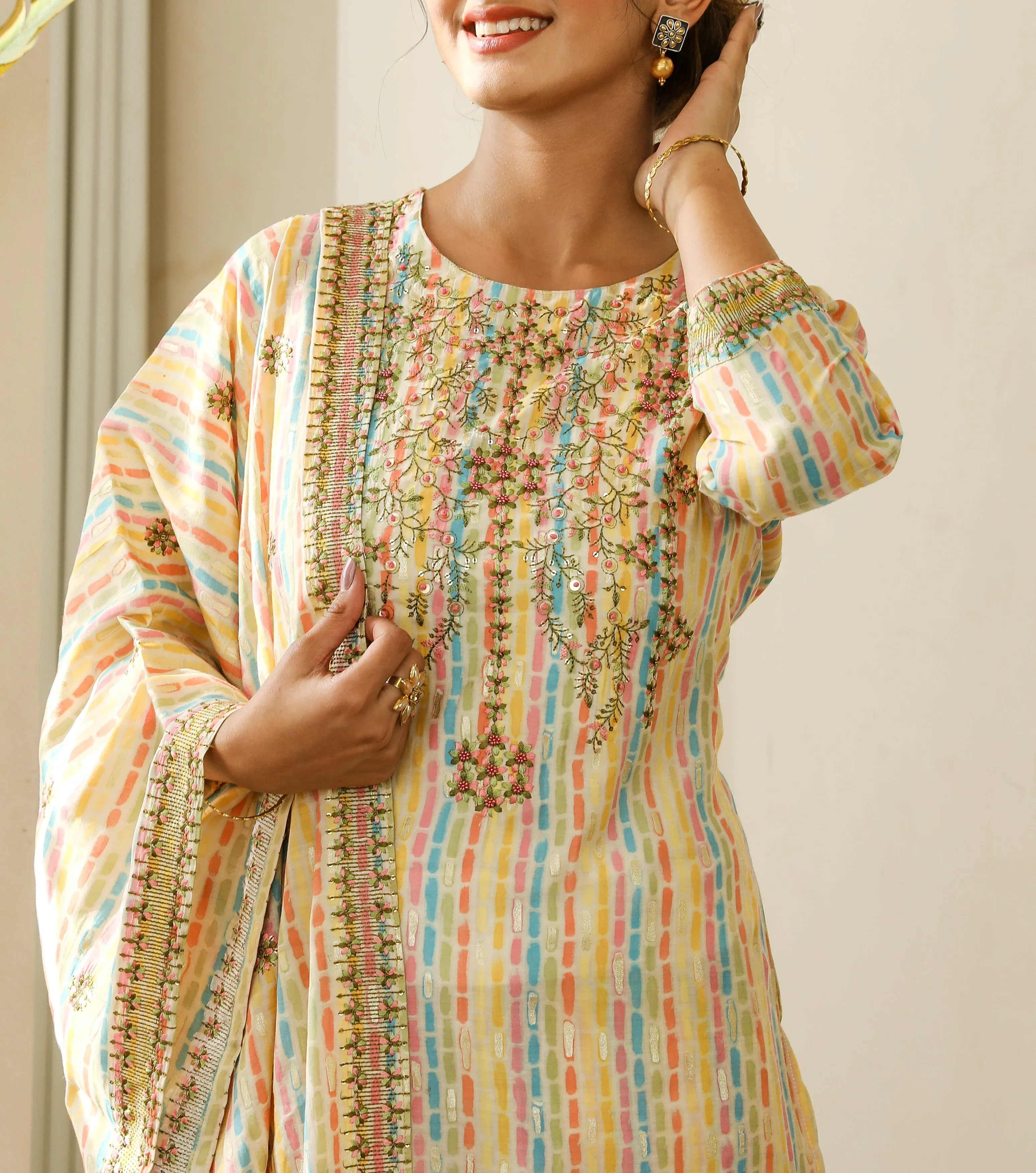 Women Multicolor Chanderi Straight Kurta Trouser and Dupatta