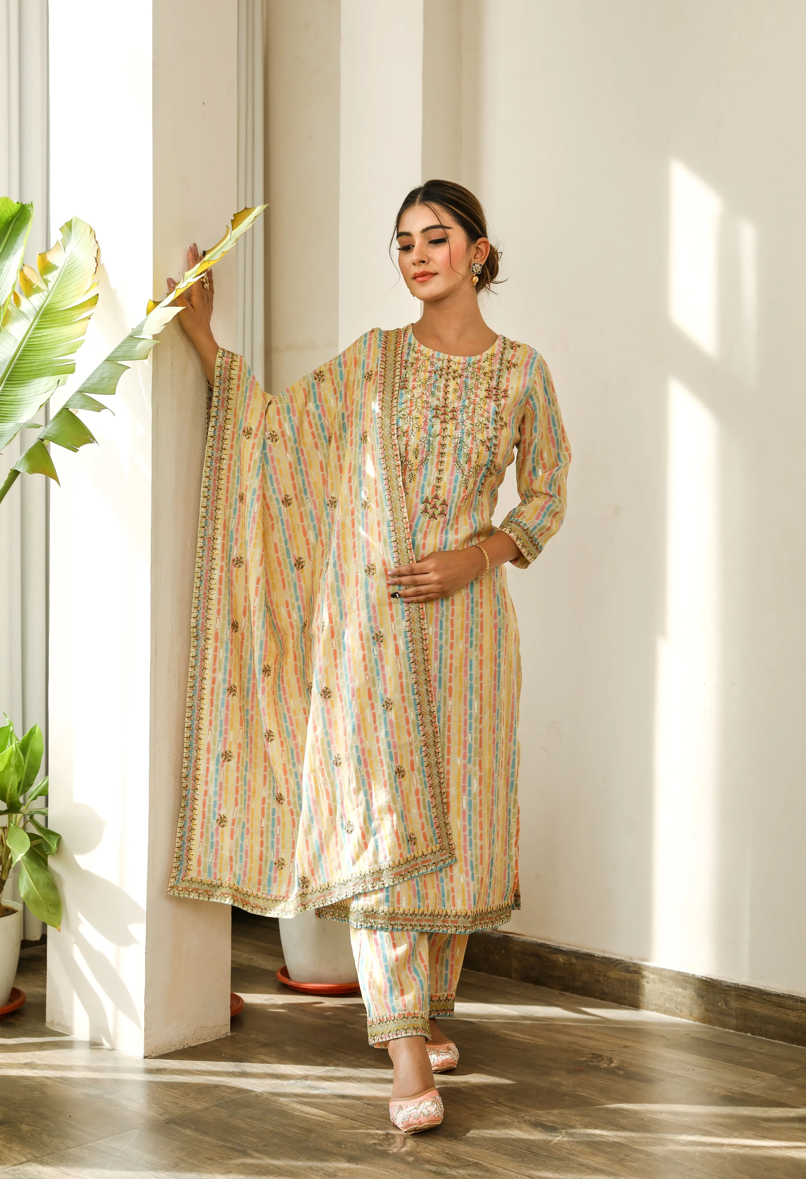 Women Multicolor Chanderi Straight Kurta Trouser and Dupatta