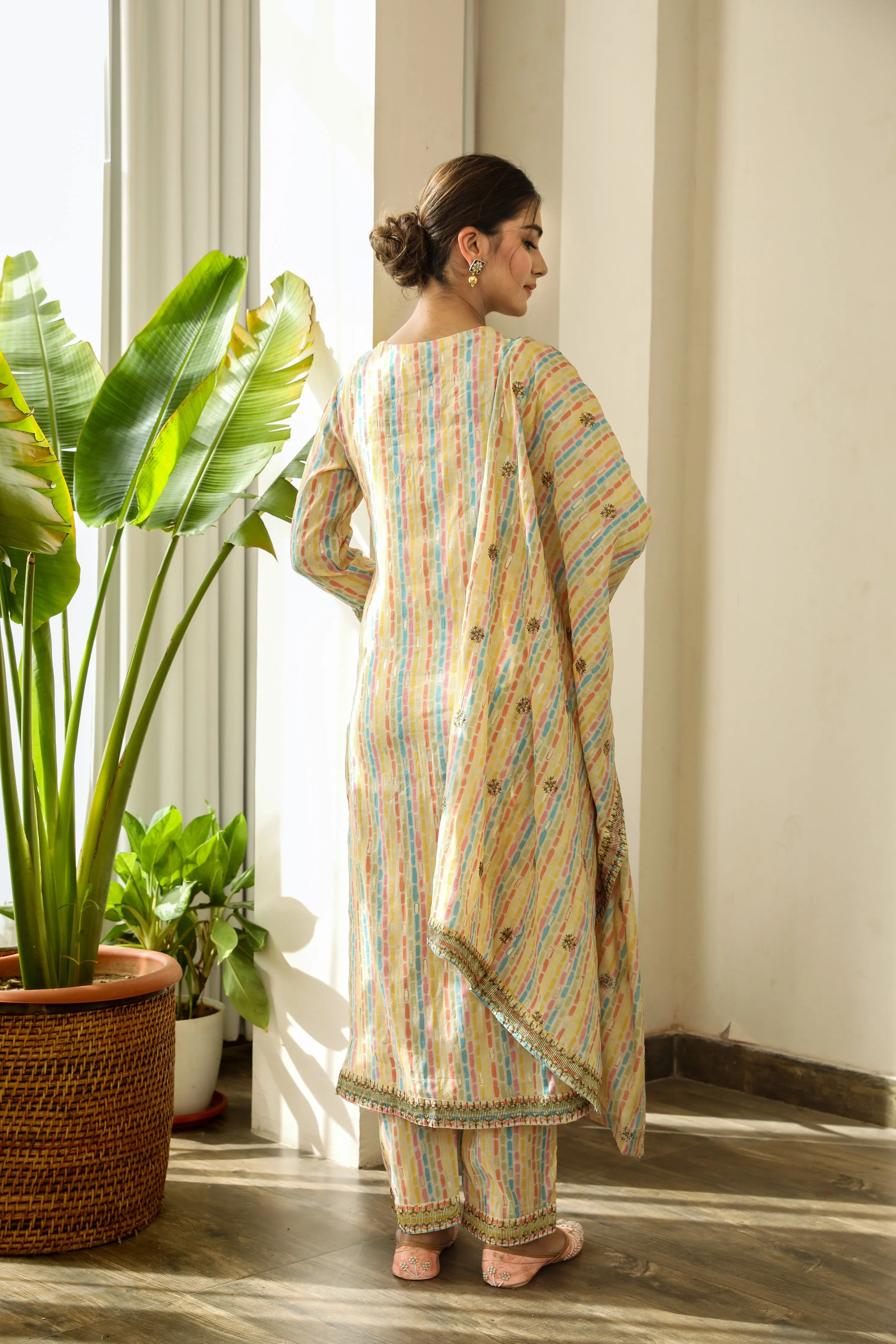 Women Multicolor Chanderi Straight Kurta Trouser and Dupatta