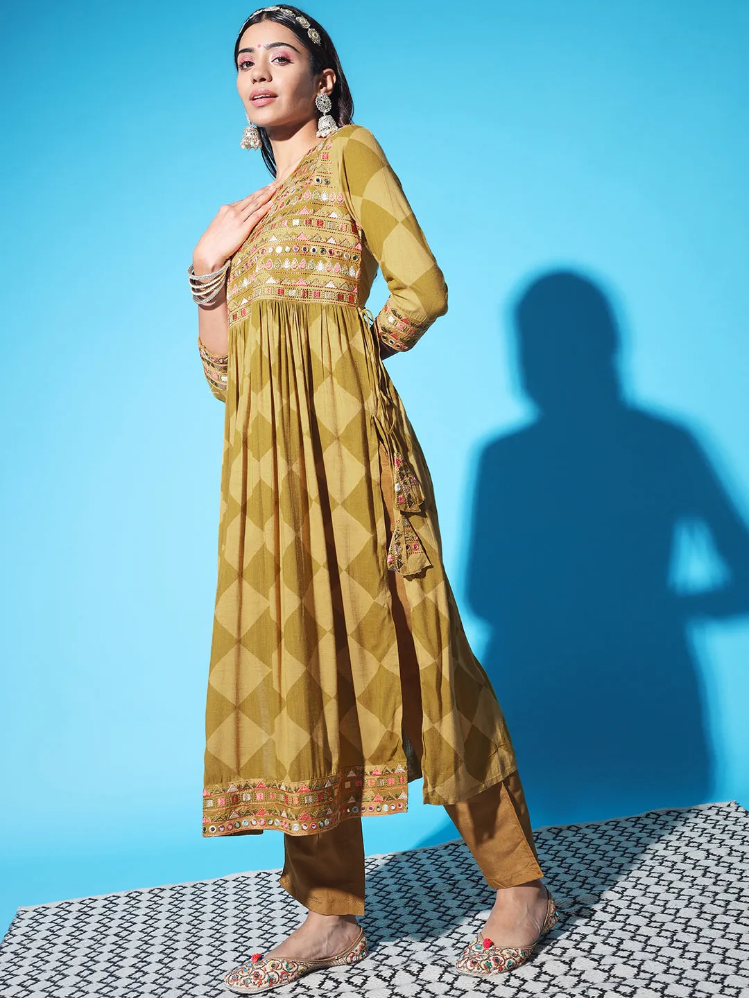 Women Mustard and Green Rayon Slub Nyara Cut A-Line Kurta