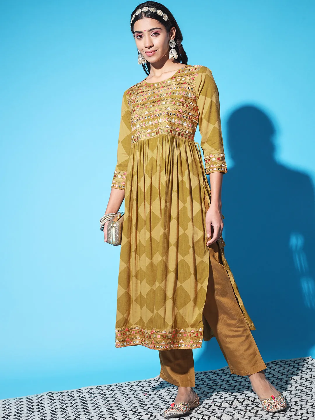 Women Mustard and Green Rayon Slub Nyara Cut A-Line Kurta