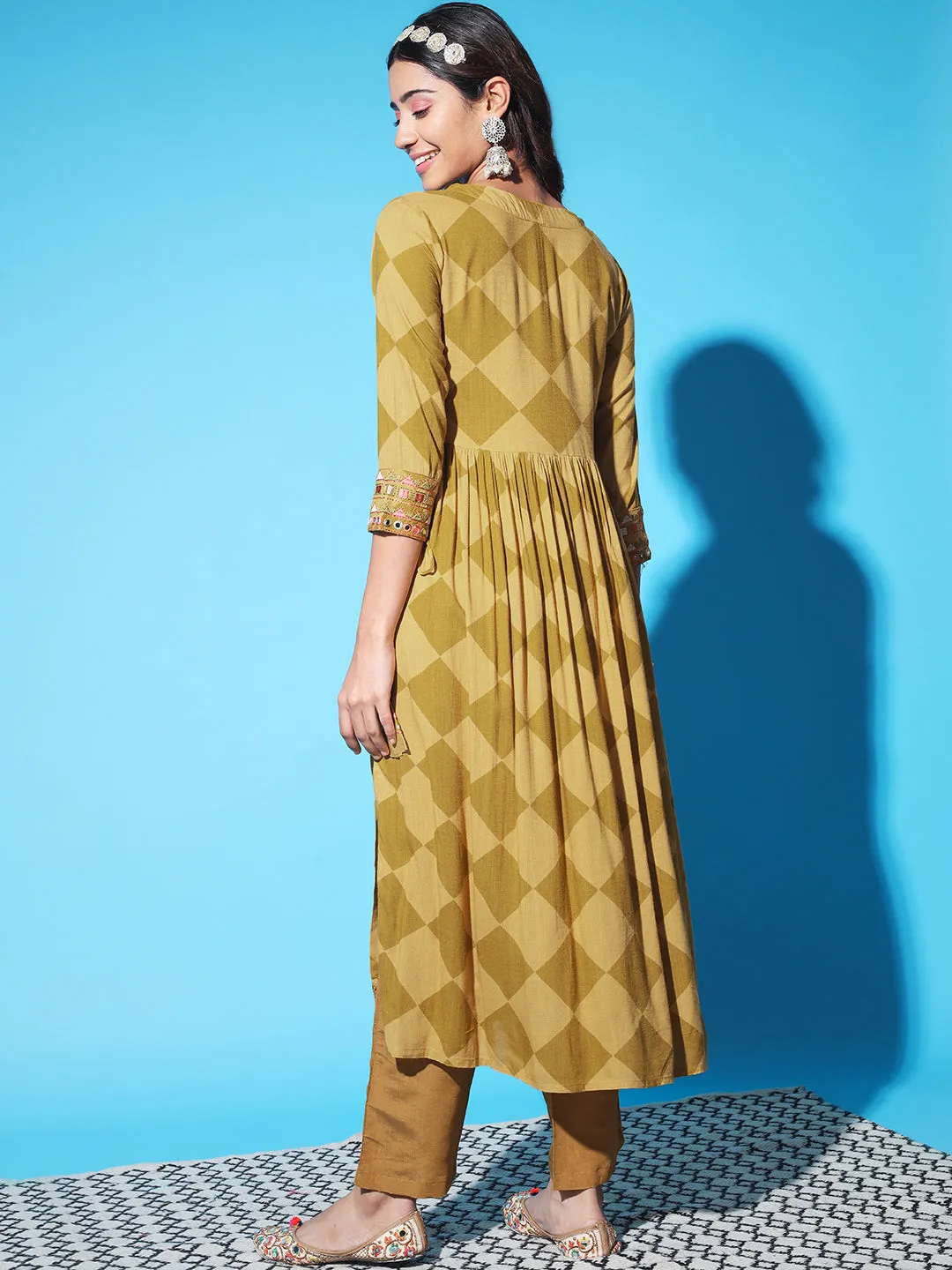 Women Mustard and Green Rayon Slub Nyara Cut A-Line Kurta