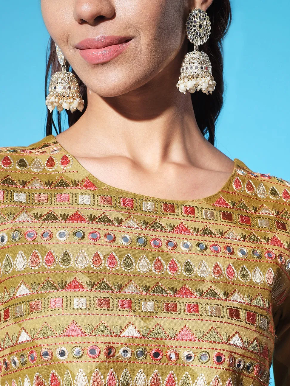Women Mustard and Green Rayon Slub Nyara Cut A-Line Kurta