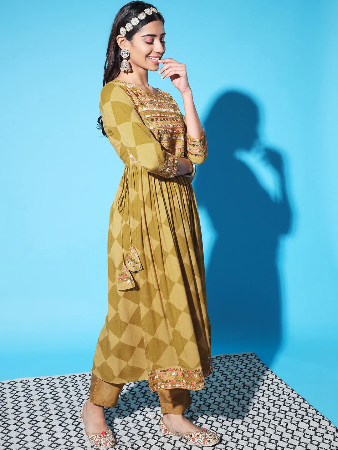 Women Mustard and Green Rayon Slub Nyara Cut A-Line Kurta