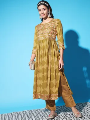 Women Mustard and Green Rayon Slub Nyara Cut A-Line Kurta