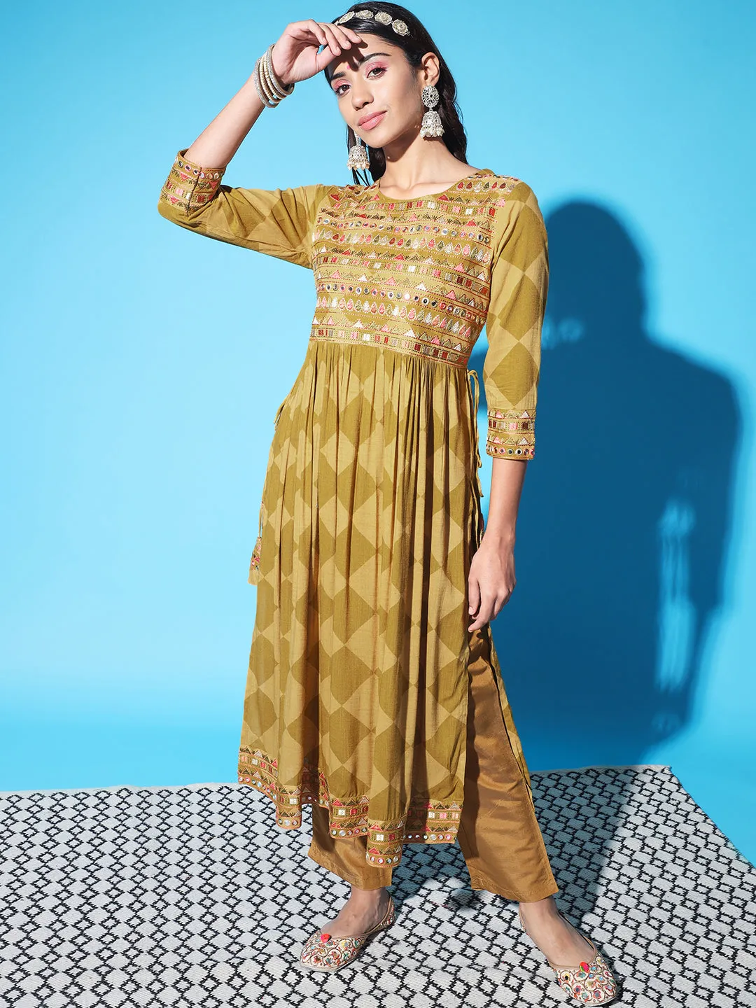 Women Mustard and Green Rayon Slub Nyara Cut A-Line Kurta