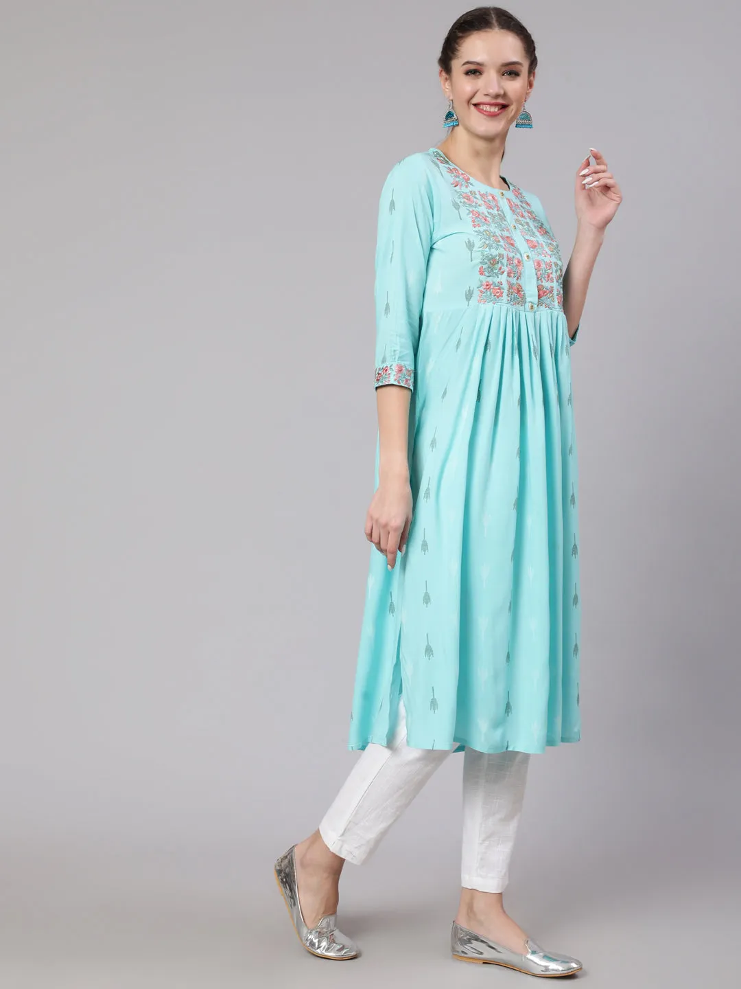 Women Sky Blue Rayon Slub Nyara Cut A-Line Kurta