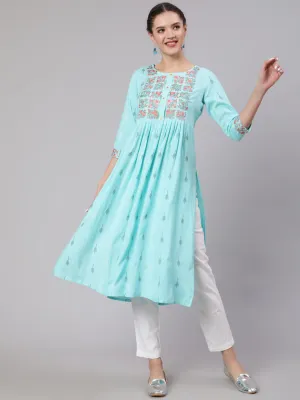 Women Sky Blue Rayon Slub Nyara Cut A-Line Kurta