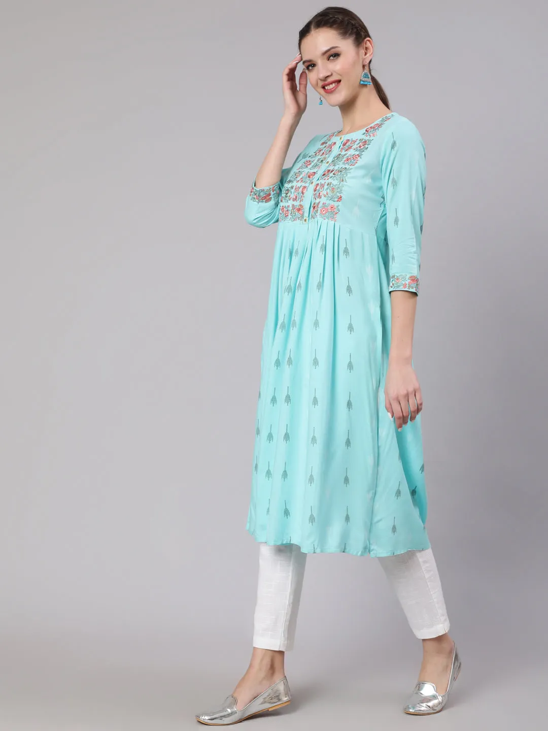 Women Sky Blue Rayon Slub Nyara Cut A-Line Kurta