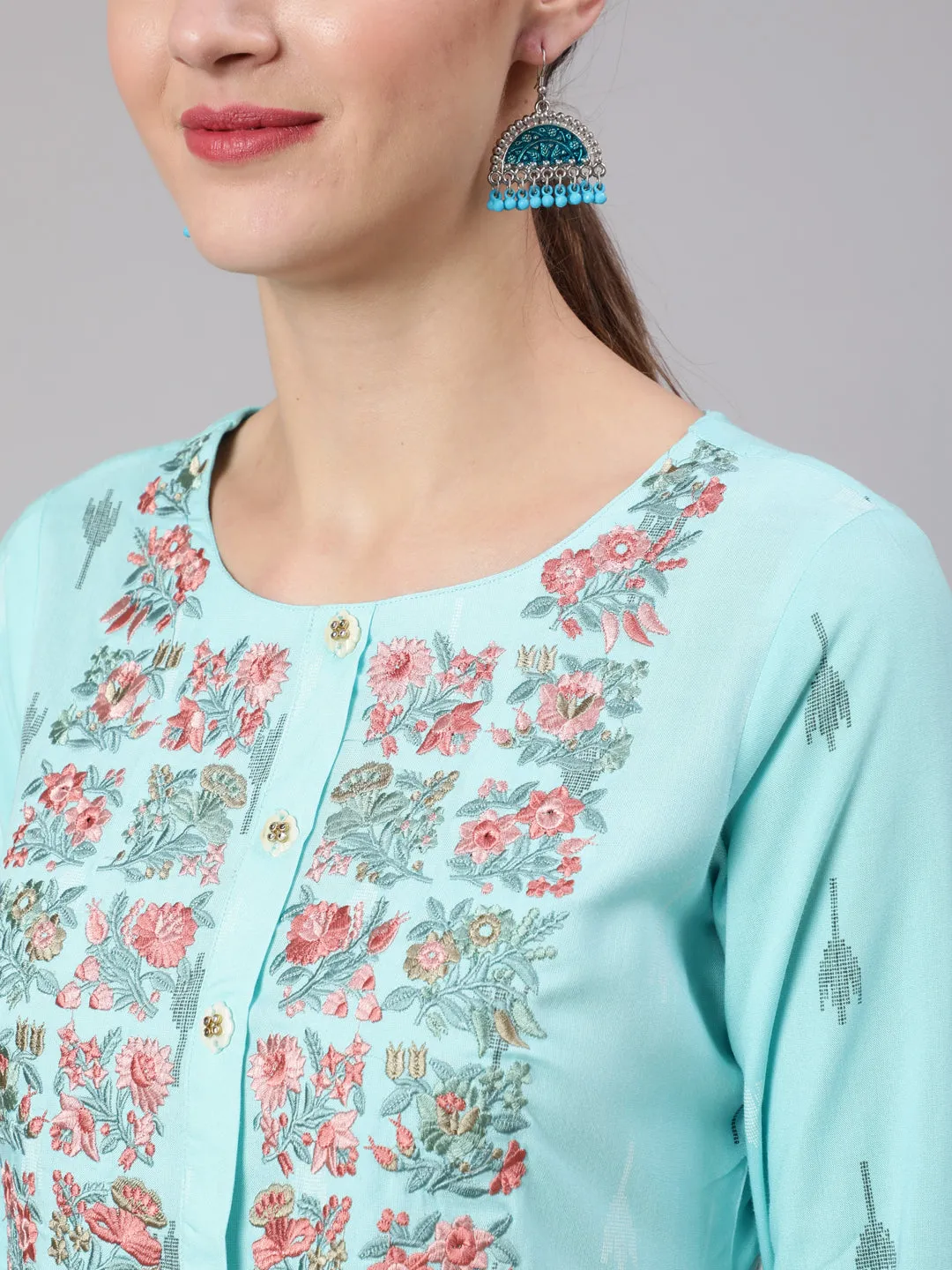 Women Sky Blue Rayon Slub Nyara Cut A-Line Kurta