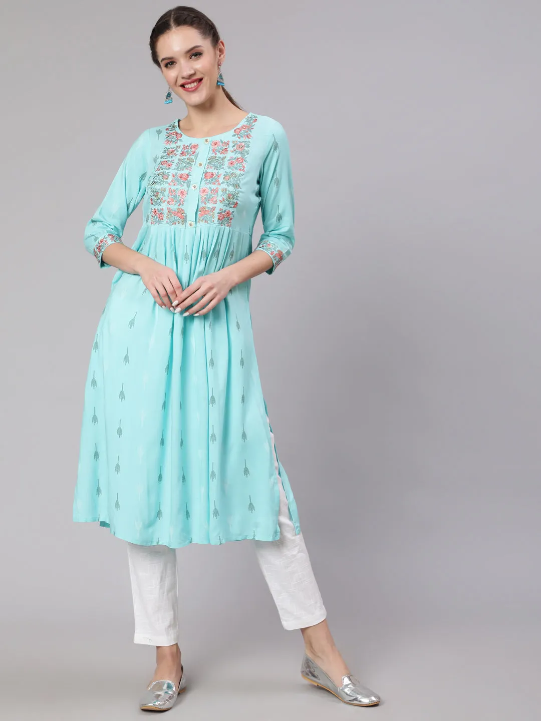 Women Sky Blue Rayon Slub Nyara Cut A-Line Kurta