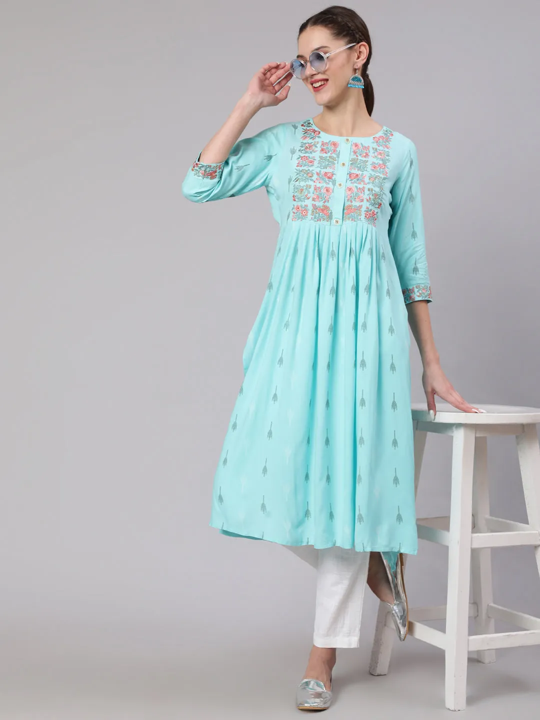Women Sky Blue Rayon Slub Nyara Cut A-Line Kurta