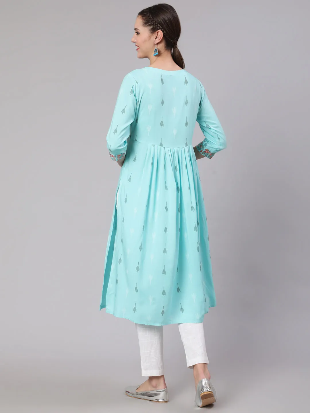 Women Sky Blue Rayon Slub Nyara Cut A-Line Kurta