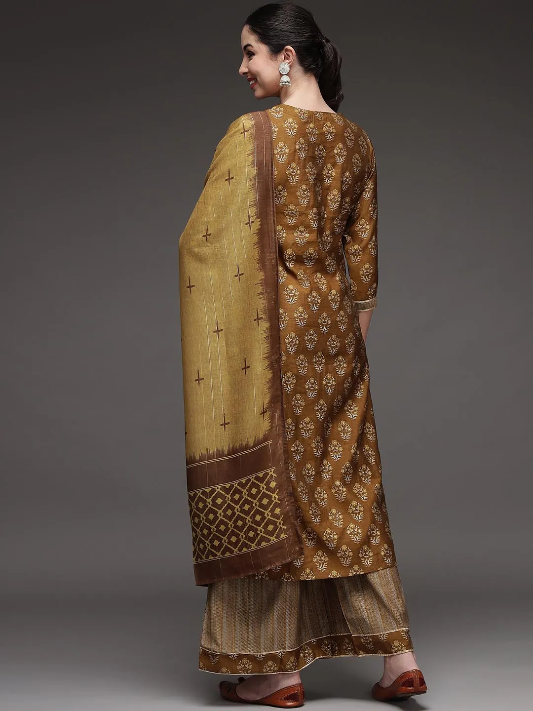 Women's Brown Muslin Straight Ethnic Set