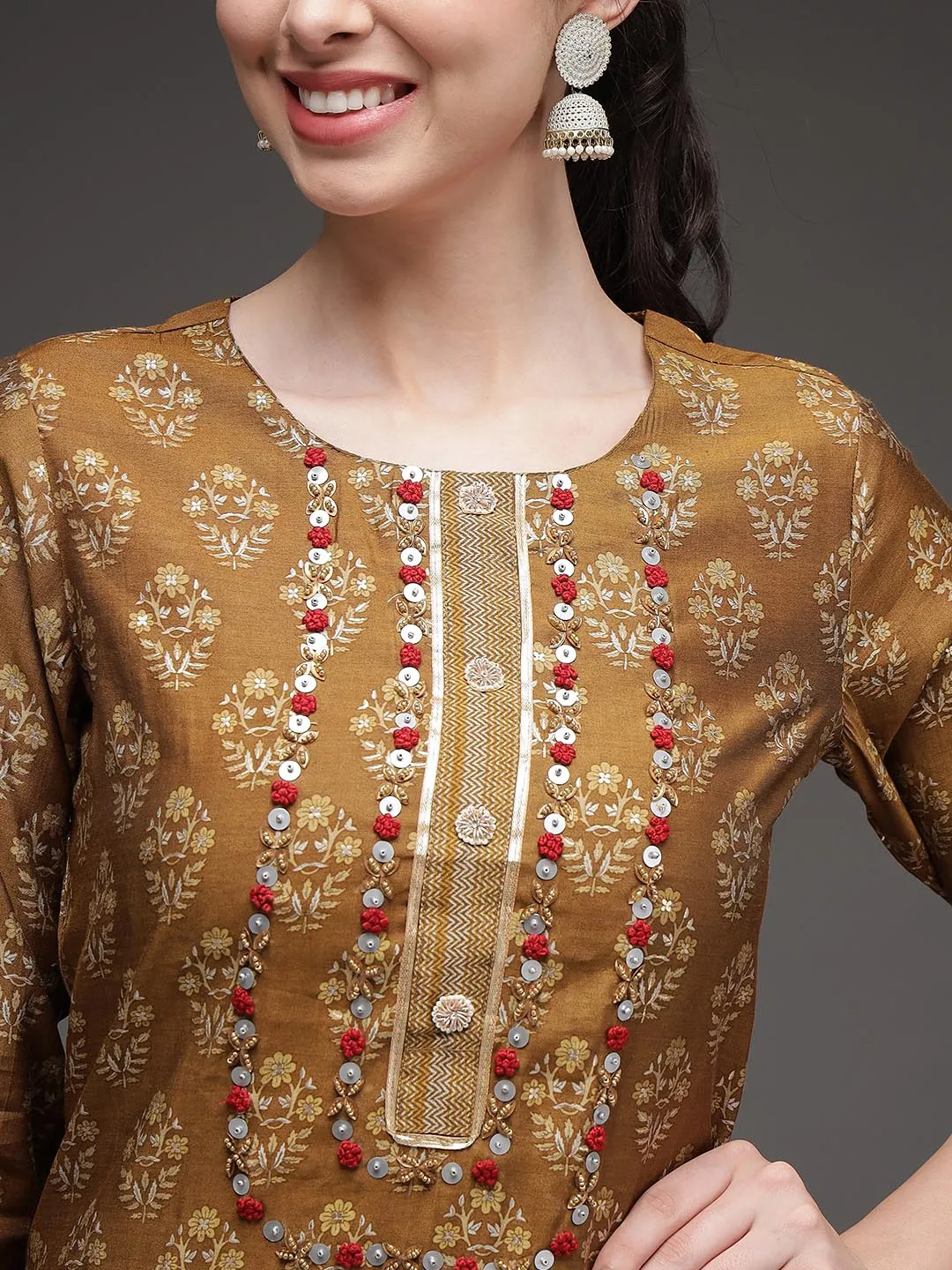 Women's Brown Muslin Straight Ethnic Set