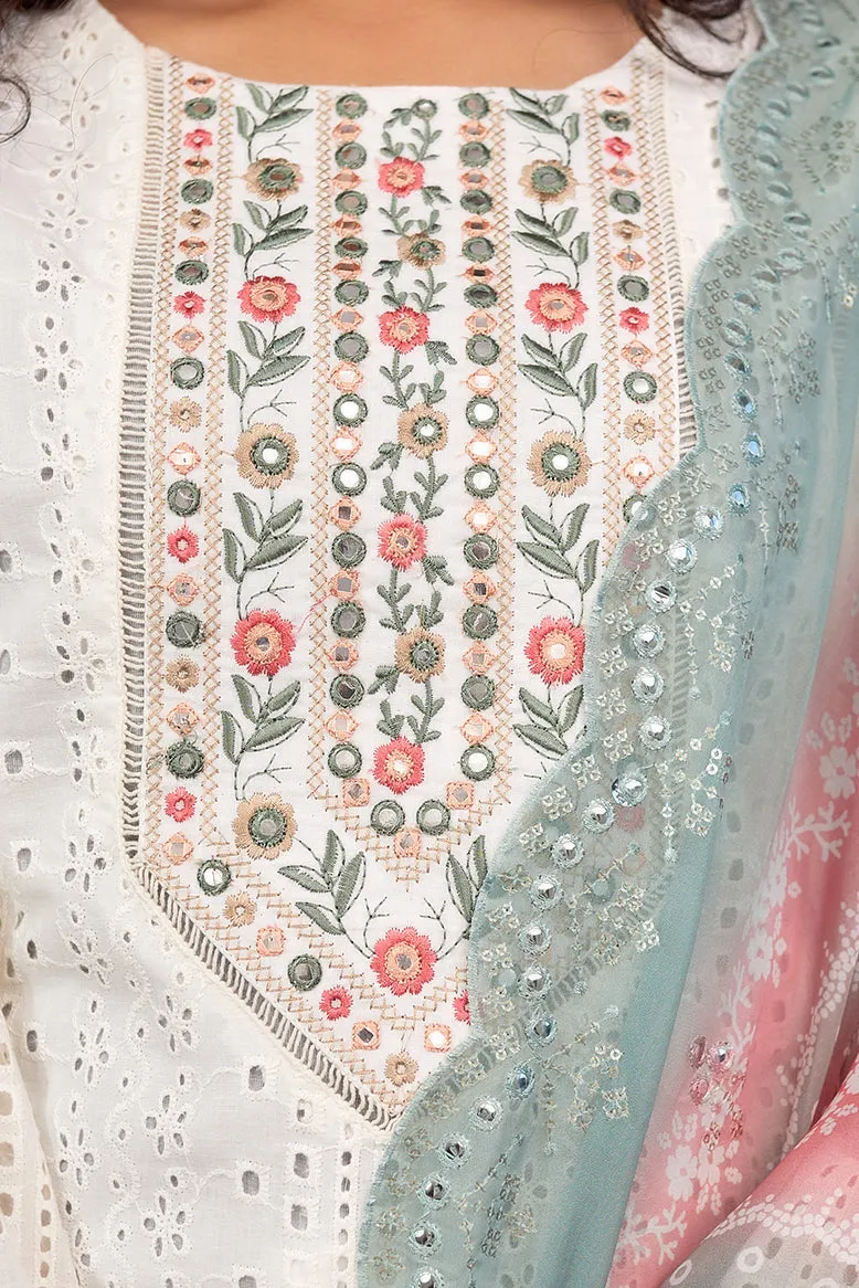 Women's Cotton White Straight Kurta, Palazzo & Dupatta