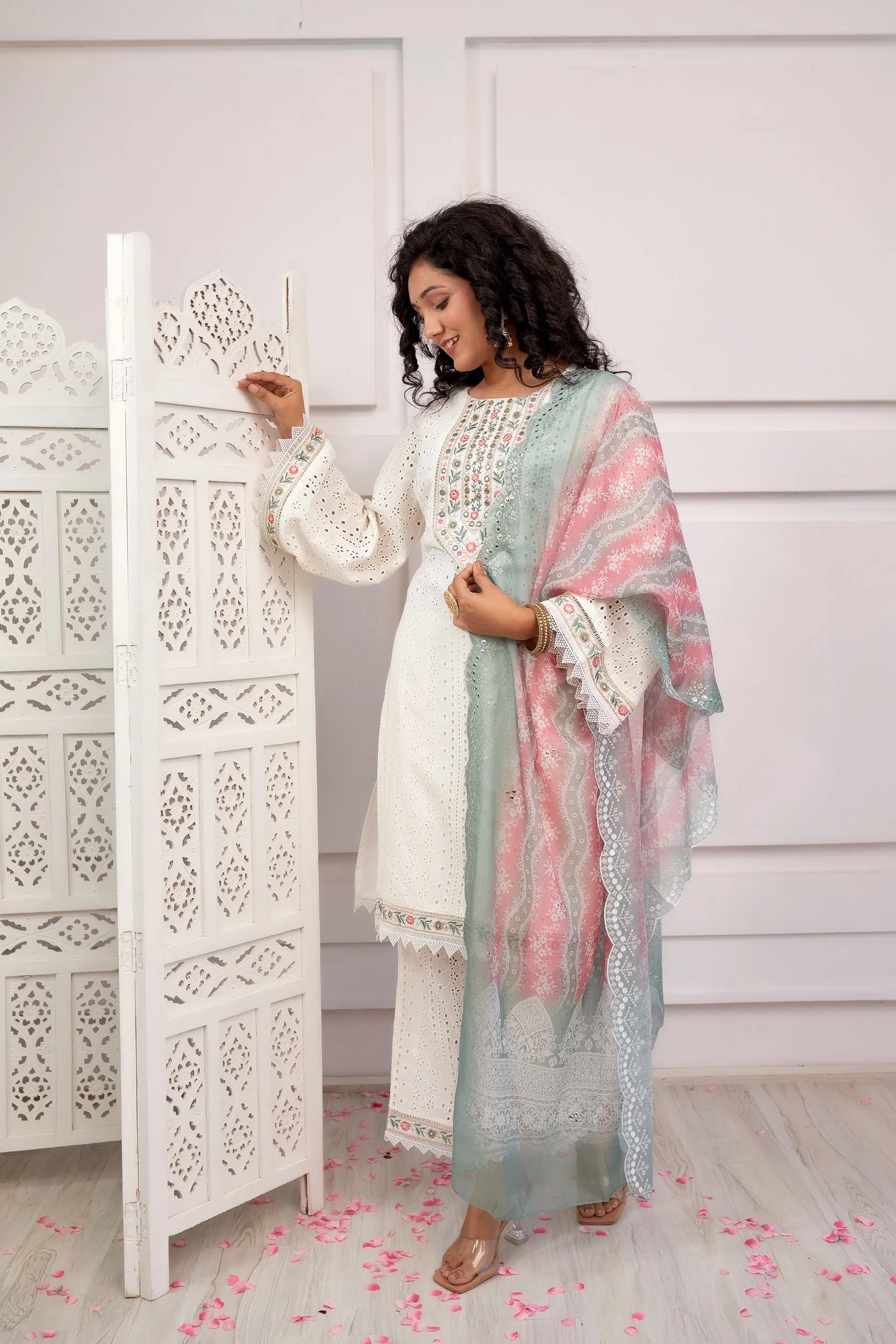 Women's Cotton White Straight Kurta, Palazzo & Dupatta