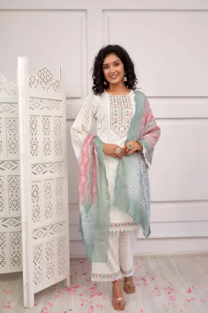 Women's Cotton White Straight Kurta, Palazzo & Dupatta