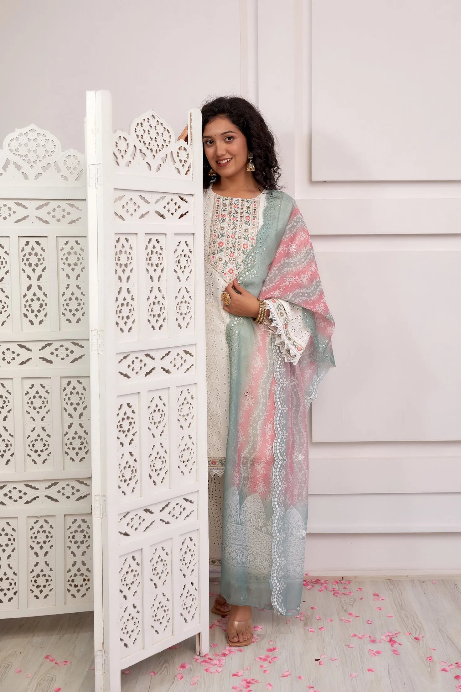 Women's Cotton White Straight Kurta, Palazzo & Dupatta