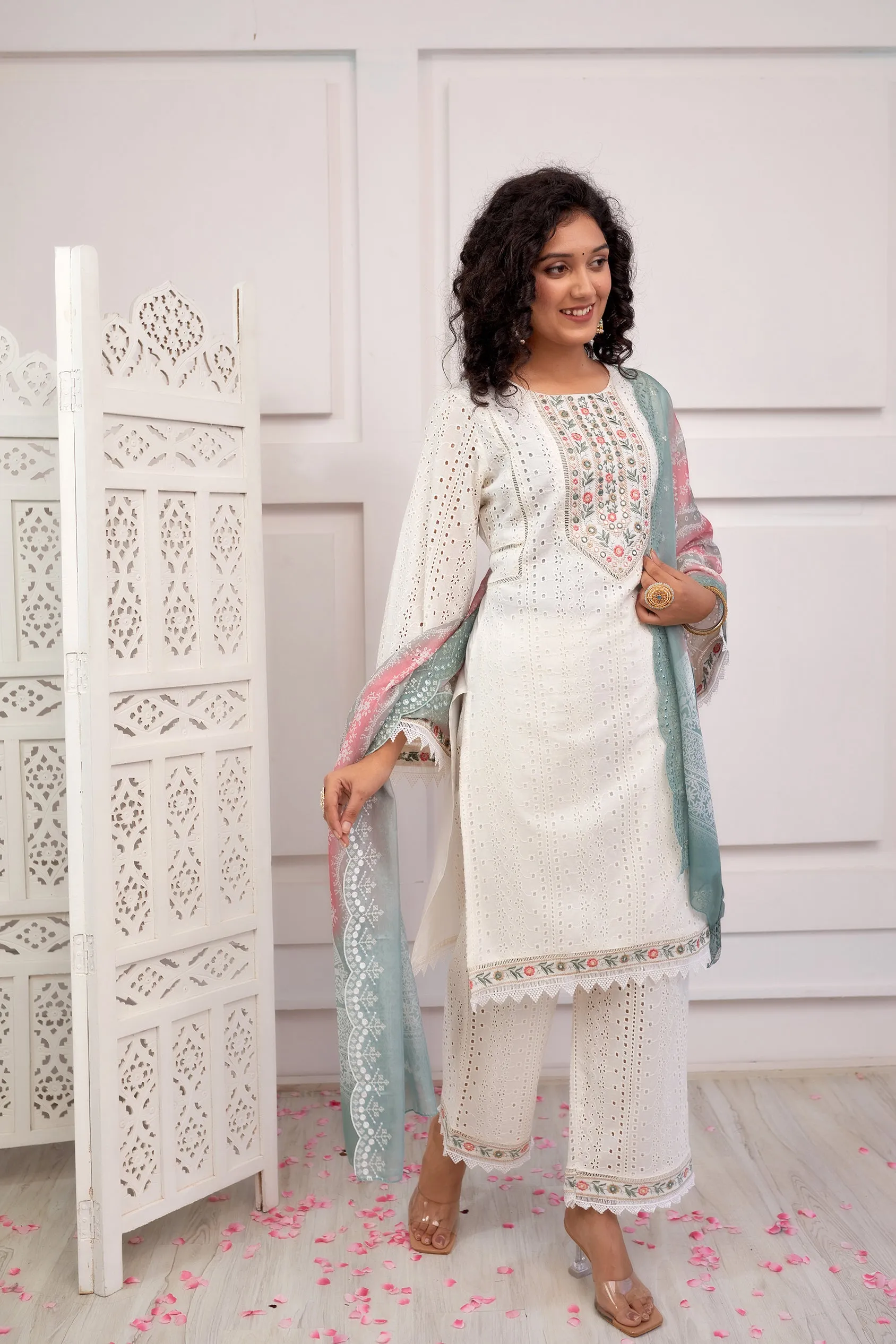 Women's Cotton White Straight Kurta, Palazzo & Dupatta