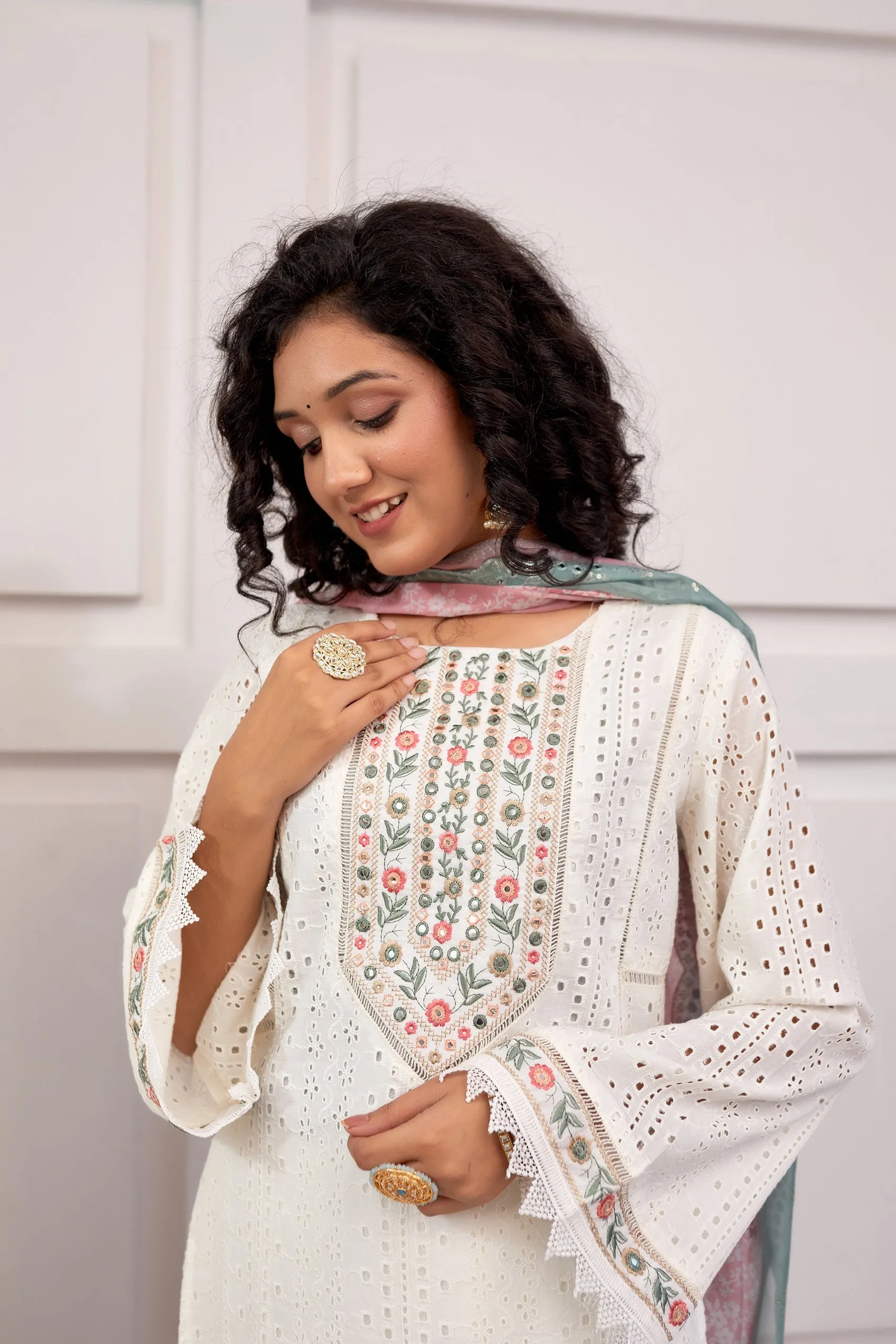 Women's Cotton White Straight Kurta, Palazzo & Dupatta