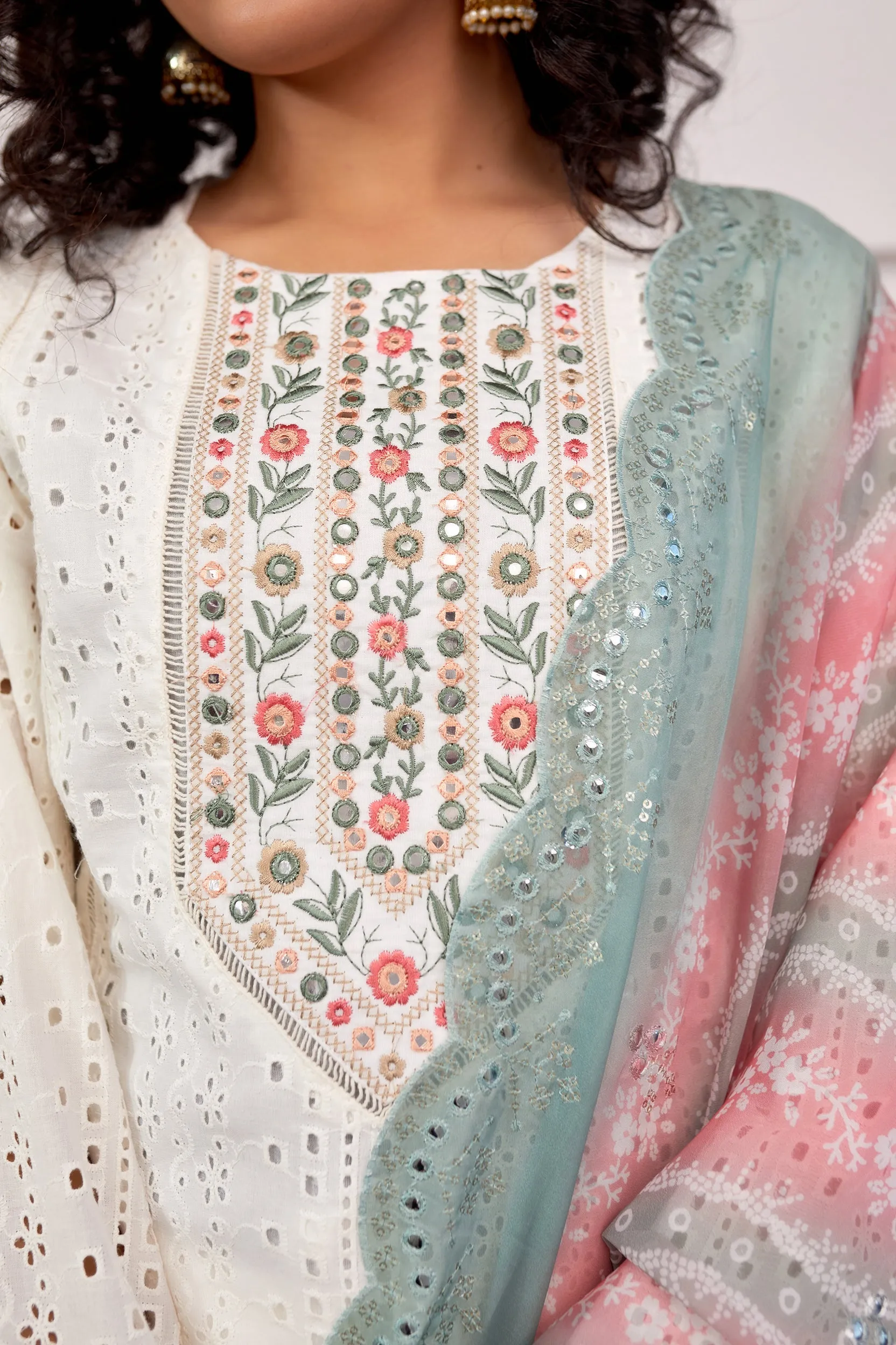 Women's Cotton White Straight Kurta, Palazzo & Dupatta