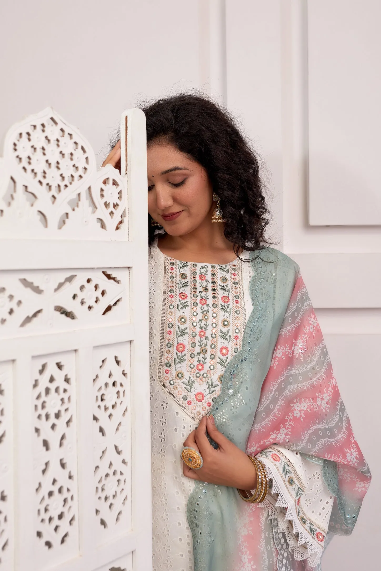 Women's Cotton White Straight Kurta, Palazzo & Dupatta