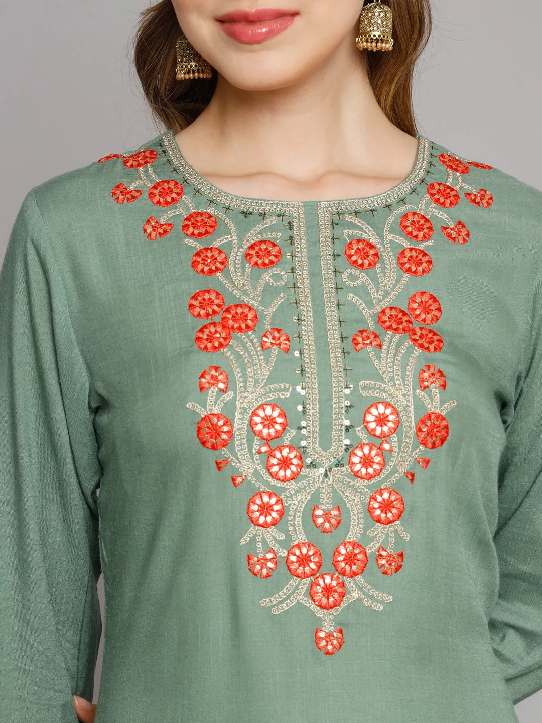 Women's Green Rayon Slub Straight Kurta Palazzo dupatta Set