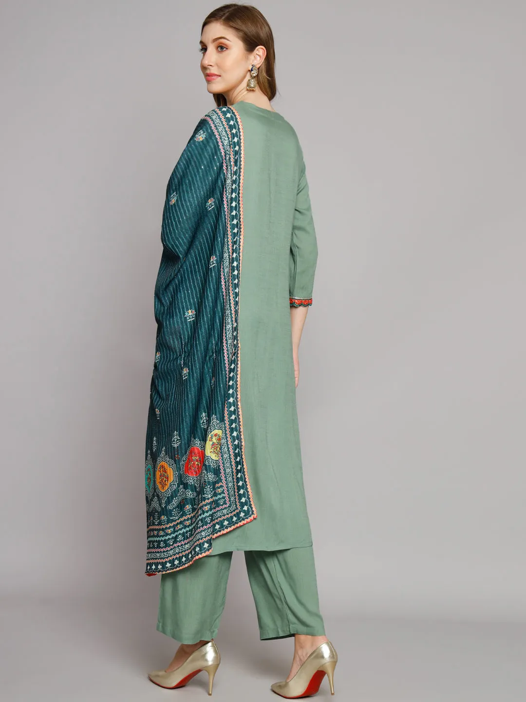 Women's Green Rayon Slub Straight Kurta Palazzo dupatta Set