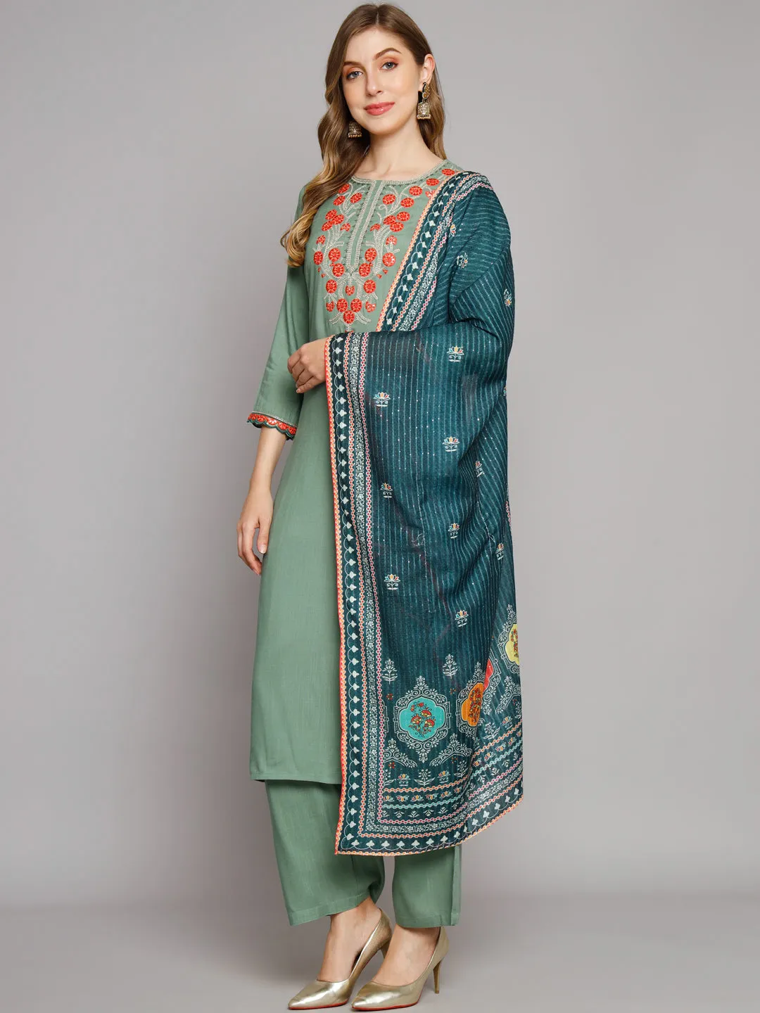 Women's Green Rayon Slub Straight Kurta Palazzo dupatta Set