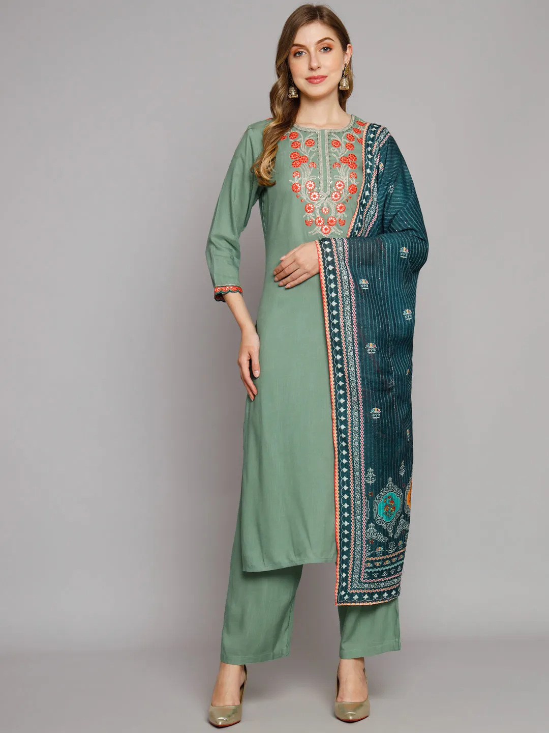 Women's Green Rayon Slub Straight Kurta Palazzo dupatta Set