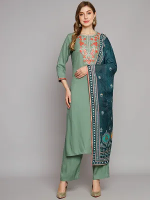 Women's Green Rayon Slub Straight Kurta Palazzo dupatta Set