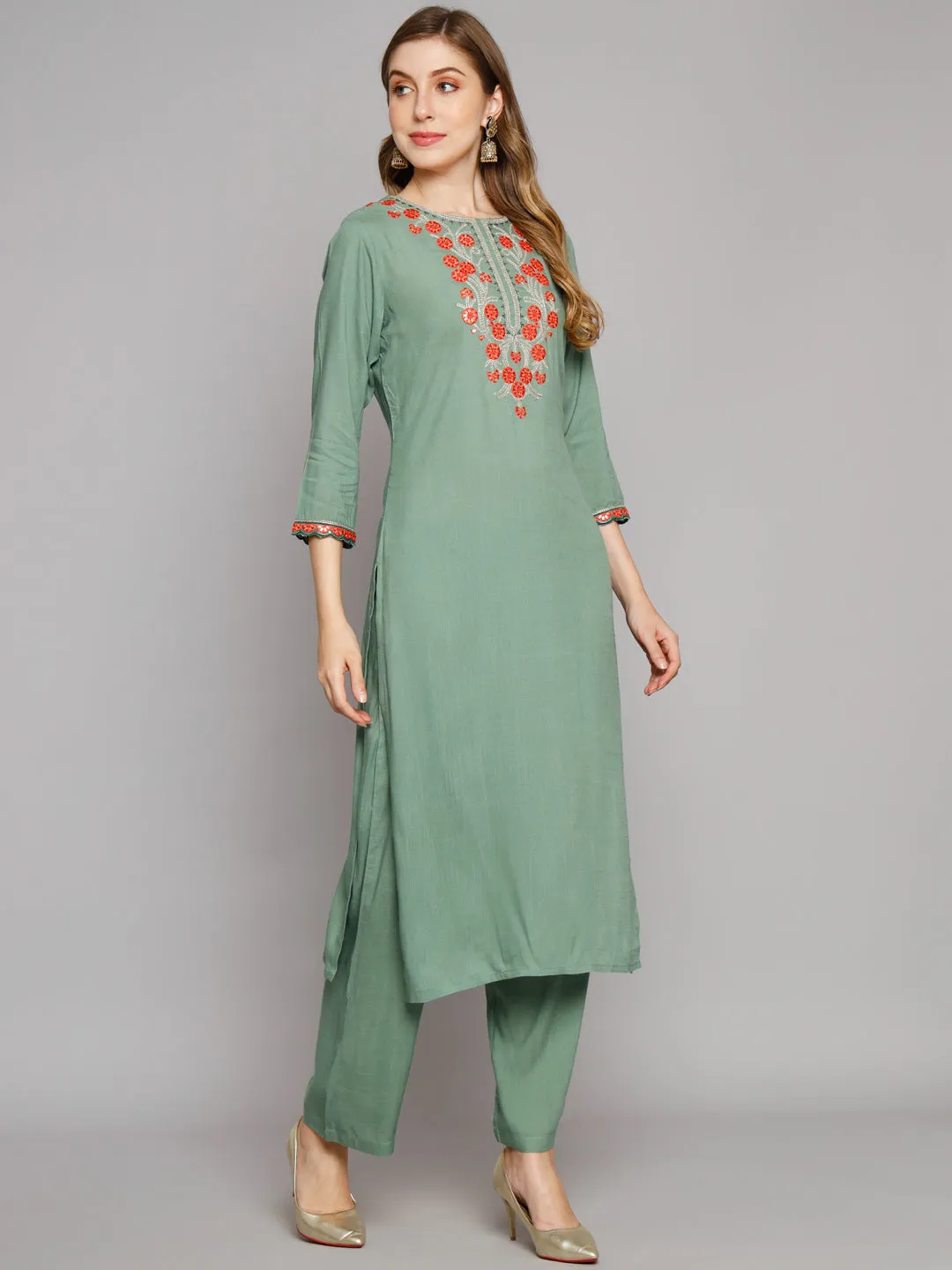 Women's Green Rayon Slub Straight Kurta Palazzo dupatta Set