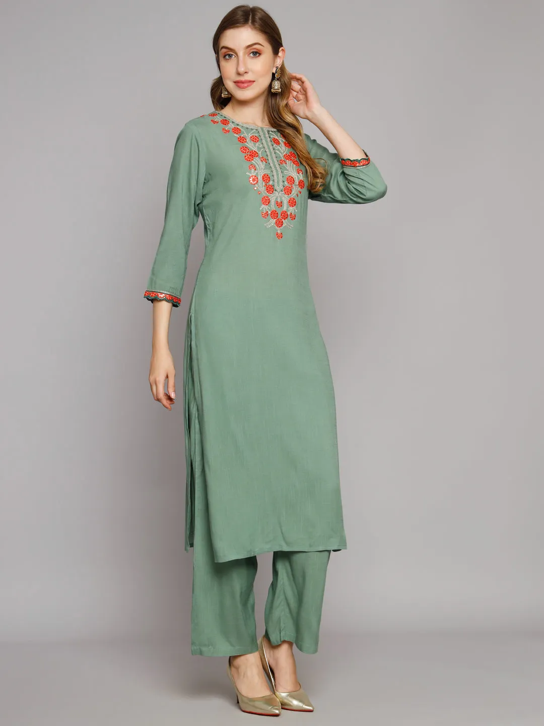 Women's Green Rayon Slub Straight Kurta Palazzo dupatta Set