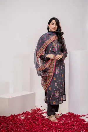 Women's Grey Chinon Kurta Pant and Dupatta Set