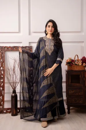 Women's Navy Blue Straight Kurta Divider Palazzo and Dupatta Set