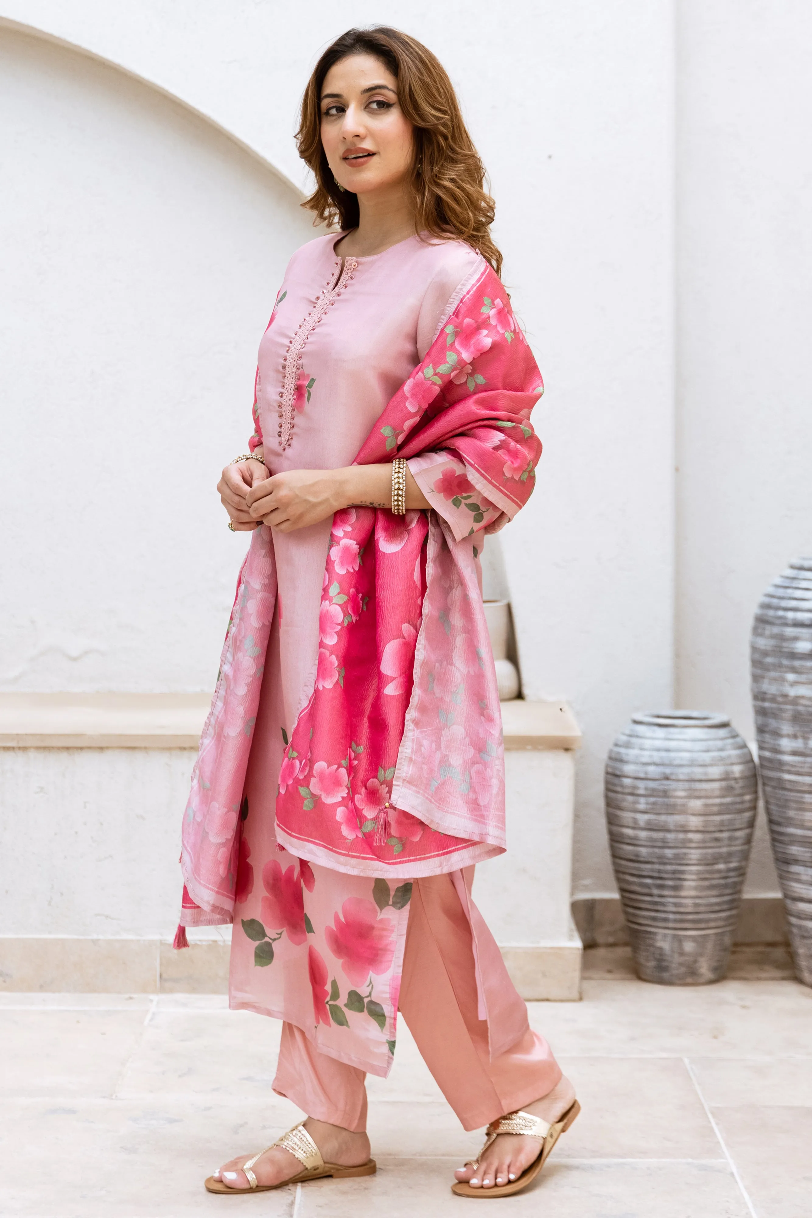 Women's Peach Chanderi Kurta Pant and Dupatta Set