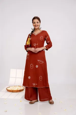 Women's Rust Rayon Kurta Palazzo Set
