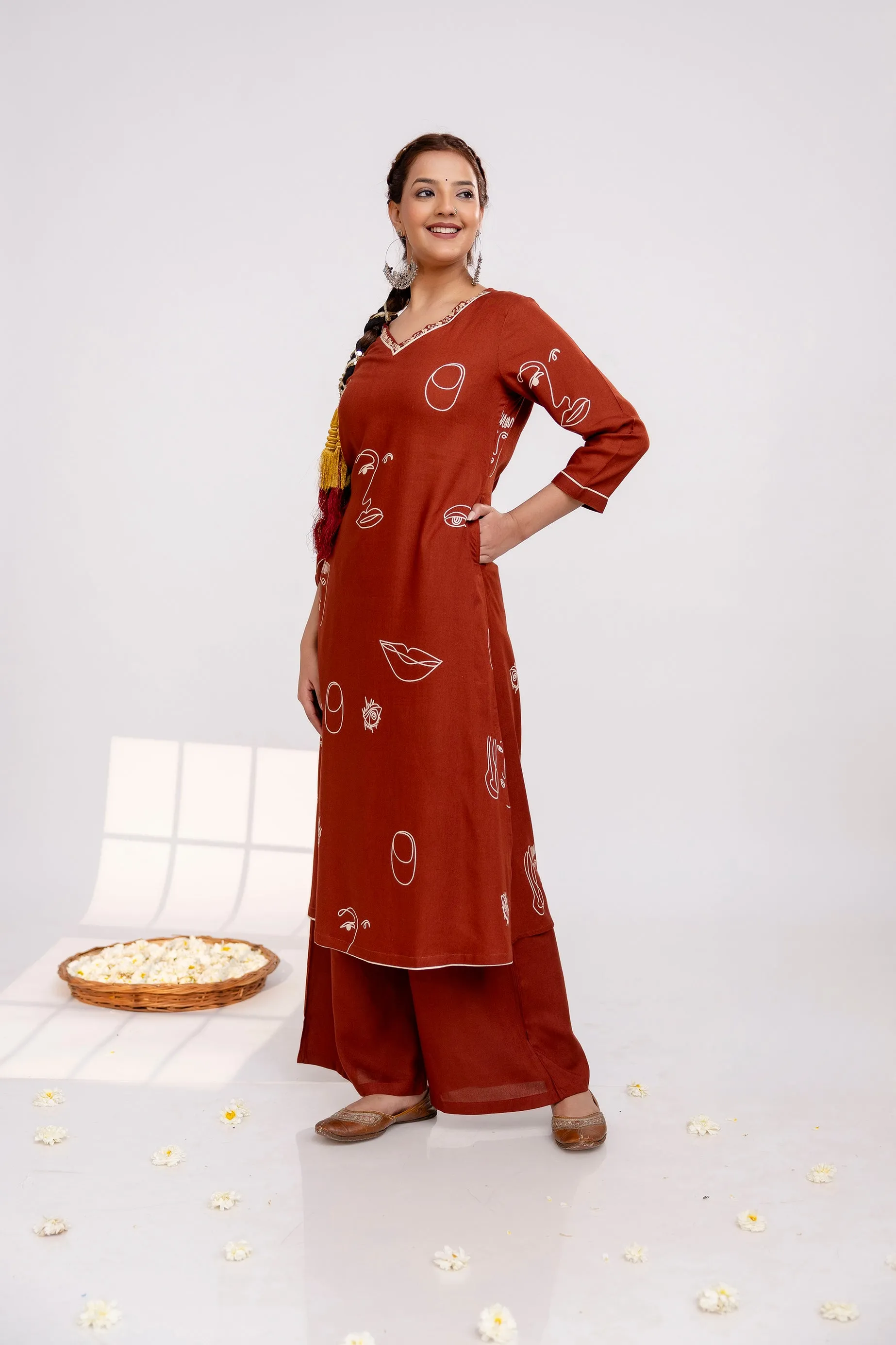 Women's Rust Rayon Kurta Palazzo Set