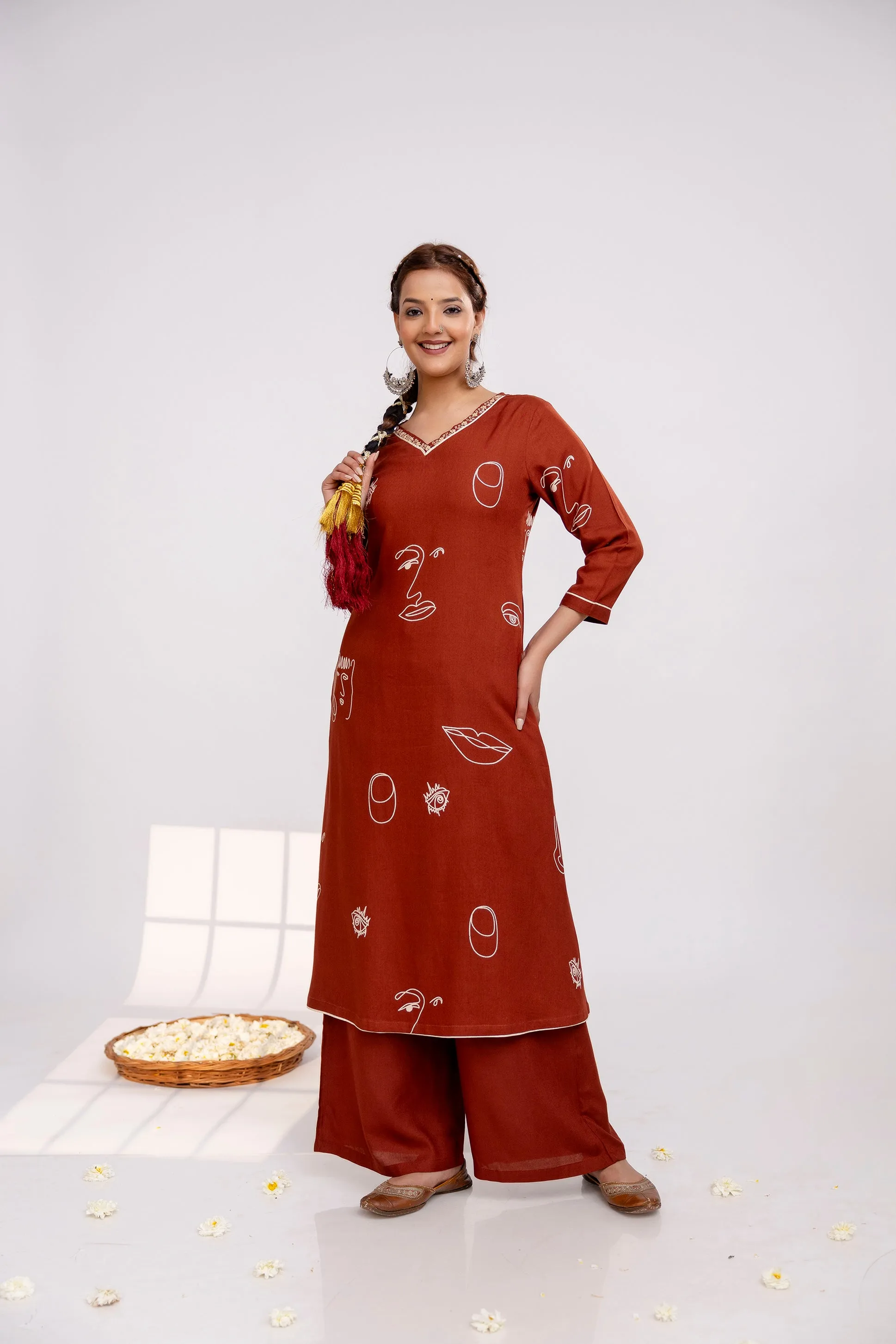 Women's Rust Rayon Kurta Palazzo Set